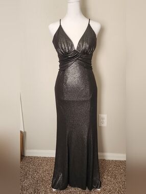 Camille La Vie Metallic Charcoal Strapless Evening Gown
